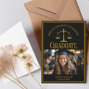 Elegante zwart gouden rechtenstudie afstudeerfoto aankondiging