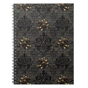 Elegante zwart gouden rozen damast gothic notitieboek