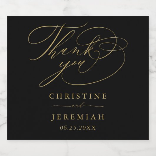 Elegante zwart gouden script namen bruiloft dank u sparkling wijnetiket (Enkel label)