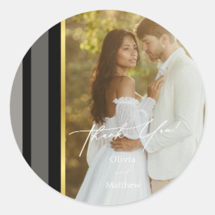 Elegante Zwart Grijs Goud Streep Foto Bedankt Ronde Sticker