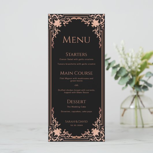 Elegante zwart roze  Antiek  bruiloft Menu (Staand voorkant)