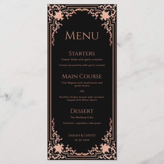 Elegante zwart roze Antiek bruiloft Menu (Voorkant)