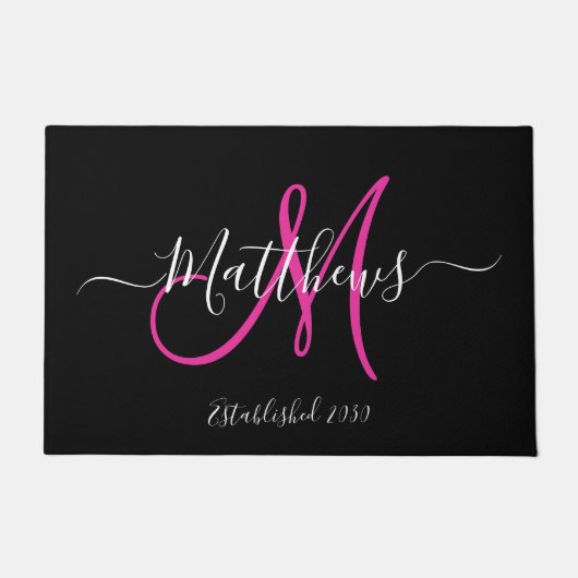 Elegante zwart roze monogram script familienaam deurmat (Voorkant)
