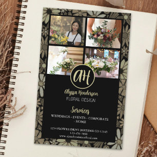 Elegante Zwart & Tan Bloemig Zakelijk Logo 4 Foto Flyer