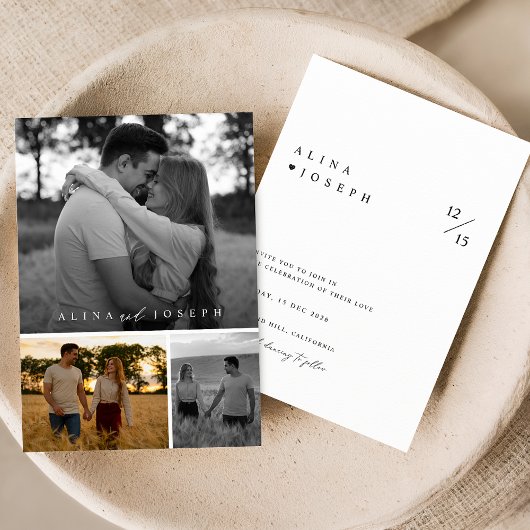 Elegante zwart-wit 3 foto collage bruiloft kaart