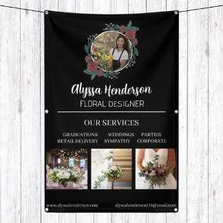 Elegante Zwart & Wit 4 Foto Bloemist Bedrijf Spandoek