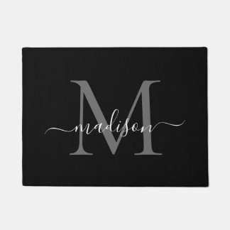 Elegante zwart wit aangepaste monogram scriptnaam deurmat