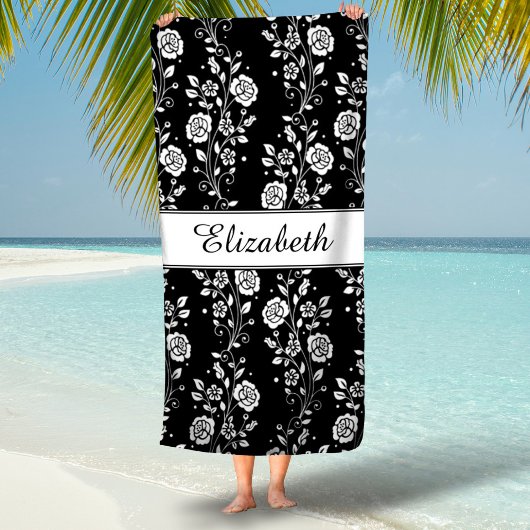 Elegante Zwart & Wit Bloemen Naam Strandlaken