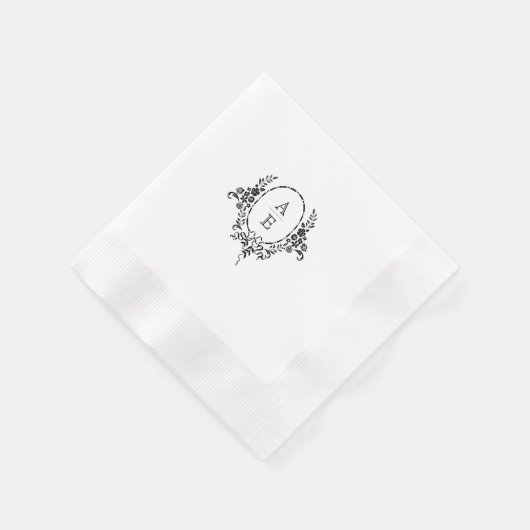Elegante zwart-wit bloemige monogram bruiloft servet (Hoek)