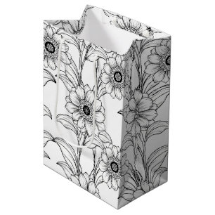 Elegante zwart-wit bloemmotief in lijnkunst (2) medium cadeauzakje