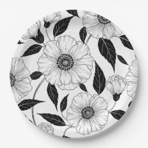 Elegante zwart-wit bloemmotief lijnkunstpatroon (1 papieren bordje