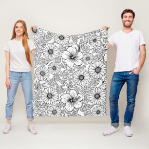 Elegante zwart-wit bloemmotief lijnkunstpatroon (4 fleece deken