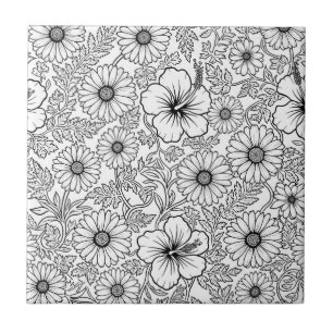 Elegante zwart-wit bloemmotief lijnkunstpatroon (4 tegeltje