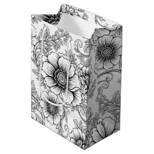 Elegante zwart-wit bloemmotief lijnkunstpatroon (5 medium cadeauzakje