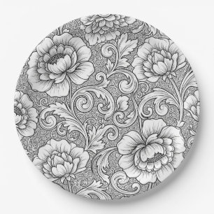 Elegante zwart-wit bloemmotief lijnkunstpatroon (6 papieren bordje