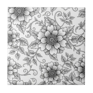 Elegante zwart-wit bloemmotief lijnkunstpatroon (7 tegeltje