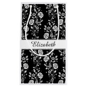 Elegante zwart-wit bloemmotief naam klein cadeauzakje (Voorkant)
