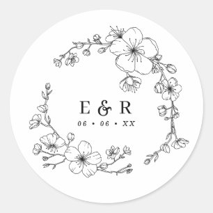 Elegante zwart-wit bloesem monogram bruiloft ronde sticker
