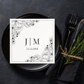 Elegante zwart-wit botanische monogram bruiloft servet