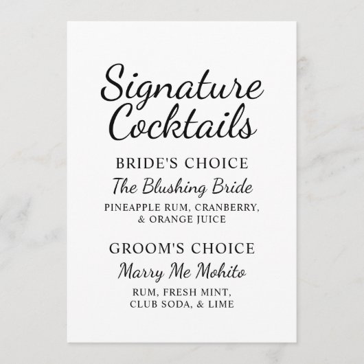 Elegante zwart wit bruiloft handtekening cocktails menu (Voorkant)