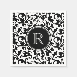 Elegante zwart-wit Damask Scroll Monogrammed Servetten