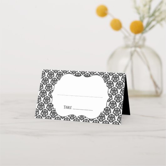 Elegante Zwart Wit Damask Wedding Escort Kaart (Voorkant)