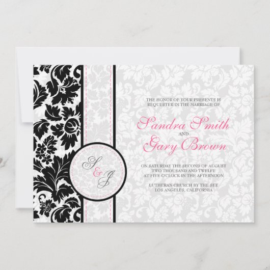 Elegante zwart-wit damasks bruiloft kaart (Voorkant)