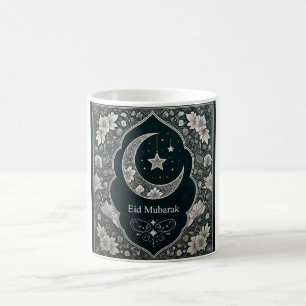 Elegante zwart-wit Eid Mubarak Bloemenhalve maan Koffiemok