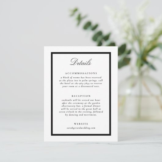 Elegante zwart-wit formele bruiloft details informatiekaartje (Staand voorkant)