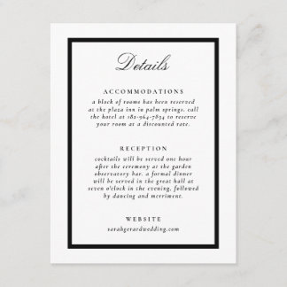 Elegante zwart-wit formele bruiloft details informatiekaartje