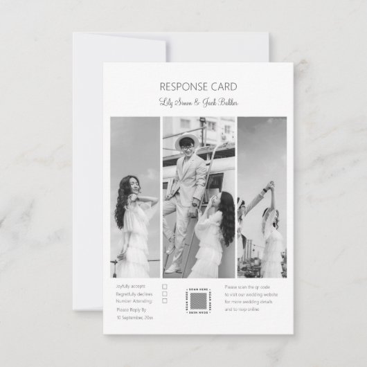 Elegante zwart-wit foto collage bruiloft RSVP kaartje (Voorkant)