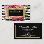 Elegante zwart-wit gestreepte bloem visitekaartje (Voorkant / Achterkant)