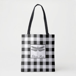 Elegante zwart-wit gingham libel  draagtas