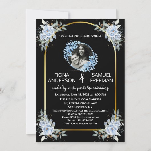 Elegante zwart-wit gouden foto bruiloft kaart (Voorkant)