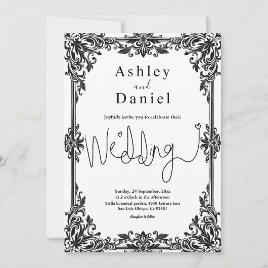 Elegante zwart-wit klassieke formele bruiloft kaart (Voorkant)