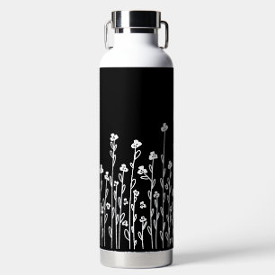 Elegante zwart-wit minimalistische doodle floral waterfles