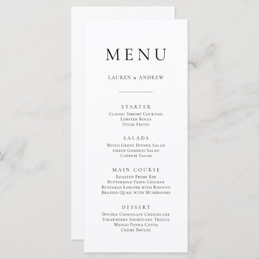Elegante zwart-wit minimalistische I Flat Menu (Voorkant / Achterkant)