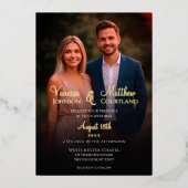 Elegante zwart-wit moderne fotohuwelijksgoud folie uitnodiging (Voorkant)