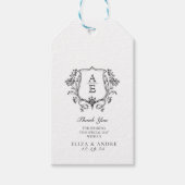 Elegante zwart-wit monogram blad kuif bruiloft cadeaulabel (Voorkant)
