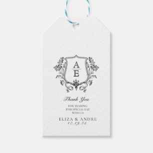 Elegante zwart-wit monogram blad kuif bruiloft cadeaulabel