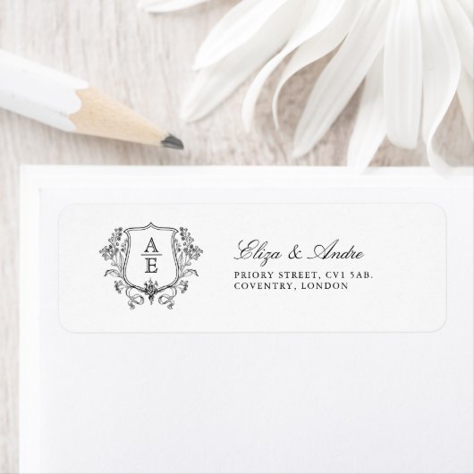 Elegante zwart-wit monogram blad kuif bruiloft etiket (Insitu)