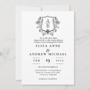 Elegante zwart-wit monogram blad kuif bruiloft kaart
