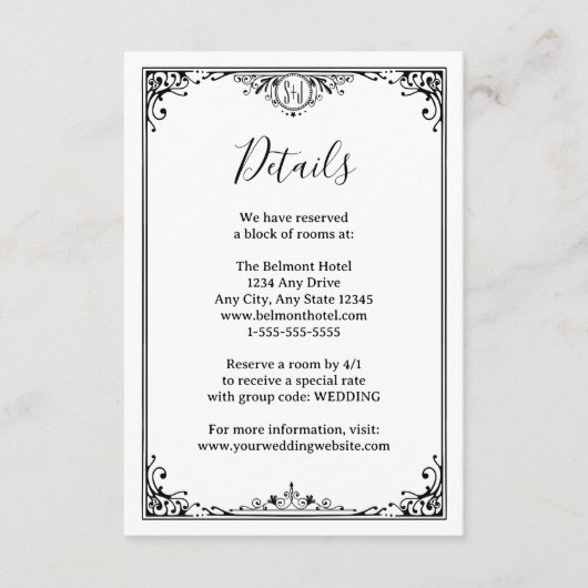 Elegante zwart-wit monogram bruiloft details informatiekaartje (Voorkant)