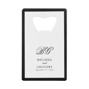 Elegante zwart wit monogram bruiloft gunst kredietkaart flessenopener