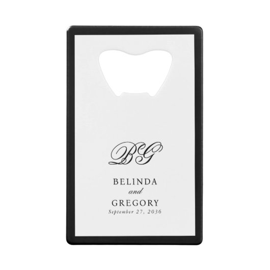 Elegante zwart wit monogram bruiloft gunst kredietkaart flessenopener (Voorkant)