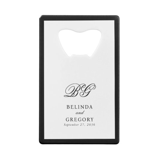 Elegante zwart wit monogram bruiloft gunst kredietkaart flessenopener (Achterkant)