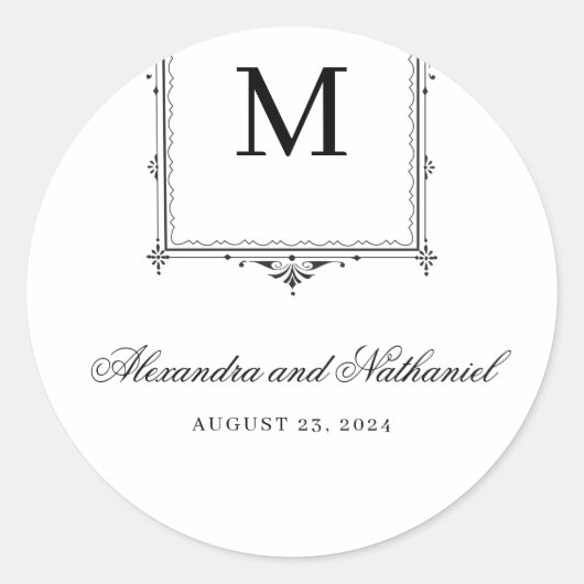 Elegante zwart-wit  Monogram bruiloft Ronde Sticker (Voorkant)