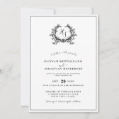 Elegante zwart/wit monogram Crest QR Code Huwelijk Kaart (Voorkant)