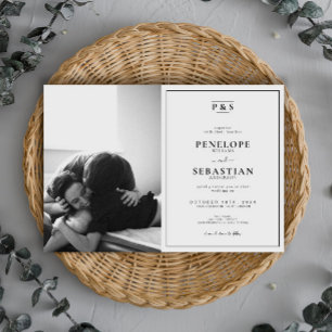 Elegante zwart-wit monogram foto bruiloft kaart