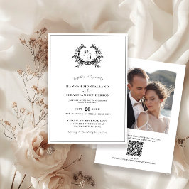 Elegante Zwart/Wit Monogram Wapen QR Code Trouwfee Kaart